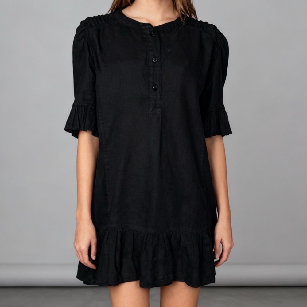 Joie Brandt 100% Linen Ruffle Mini Dress Lagenlook Resort Wear Black size Medium